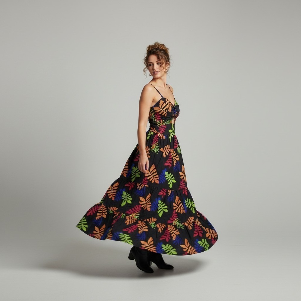 Palomeque Tropical Leaf Cutout Tiered Maxi Dress L Black Floral Smocked Keyhole